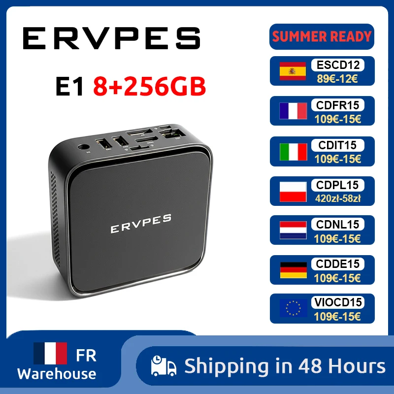 Mini PC ERVPES E1, AMD Ryzen 3 3250C, 8 Go DDR4, 256 Go SSD, Windows 11 Pro, Wifi double bande, BT5.2, ordinateur de bureau mini