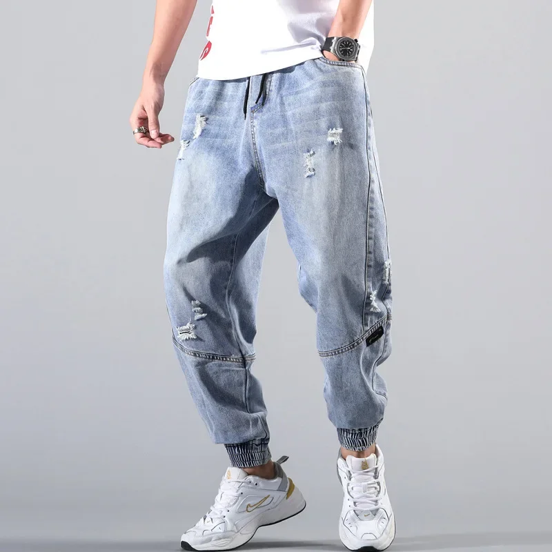 Ankle Length Sheath Pencil Denim Pants Men Elastic Waist Spliced Jeans Washed Pockets Solid High Street Ripped Distressed