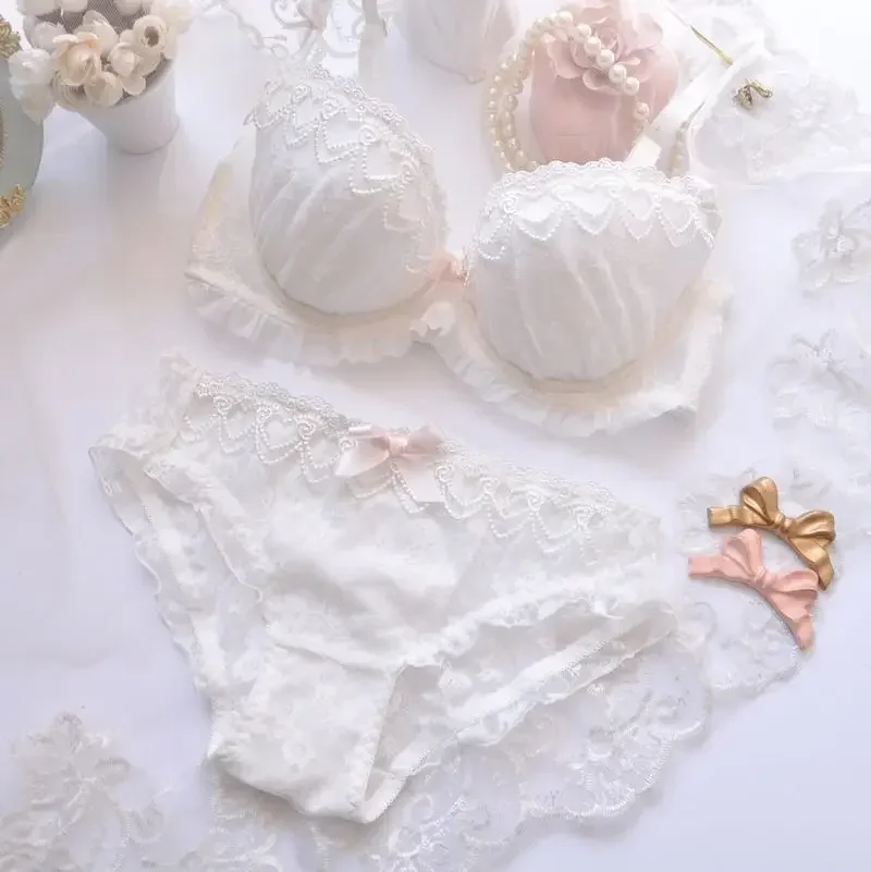 Japanese Water-soluble Embroidery Thin Cup Girl Cute Gathering Sexy Lingerie Set Large Bra Set