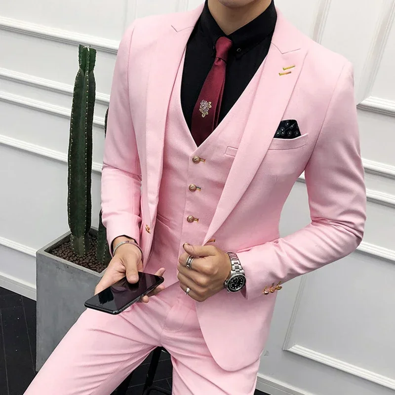 

2024 Pink Fashion Handsome Formal Wedding Men Suits Groom Tuxedo Prom Slim Fit Blazers Hombre High Quality Custom 3 Piece Set