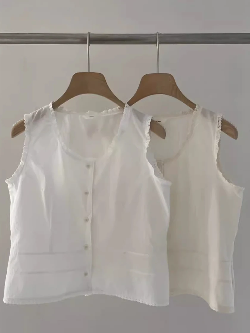 Biała koronkowa bluzka na ramiączkach, damska, letnia, luźna, wyszczuplająca, mały rozmiar, modna, do pracy.