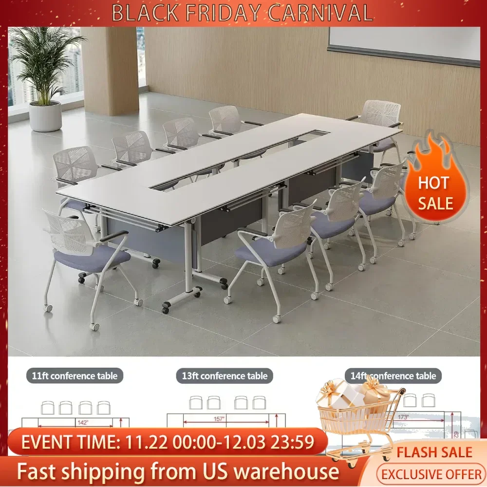 Conference Room Table, Large Folding Conference Table for 10-15 People, Training Tables with Caster Wheels, Wooden Meeting Table