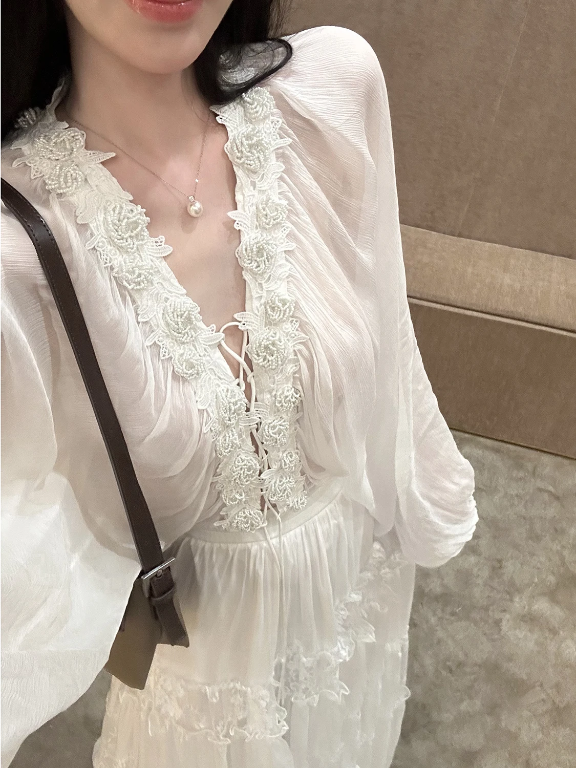 Syqiao Summer Long Sleeve Silk Lace Embroidery Shirt Women's Elegant Loose Fit V-Neck Button-Up Top Gentle And Feminine