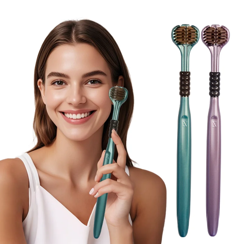 2pcs/box Adult Toothbrushes Soft PBT Bristles Rounded Tips Triple - sided Wrapping Tongue Cleaning Ergonomic Handles