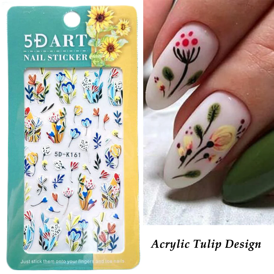 Autocollants pour ongles en feuille de gaufrage 5D, 1 pièce, blanc, Lily de la vallée, tulipe, attrape-rêves, vernis, fleurs de mariage, pointes coulissantes gravées *