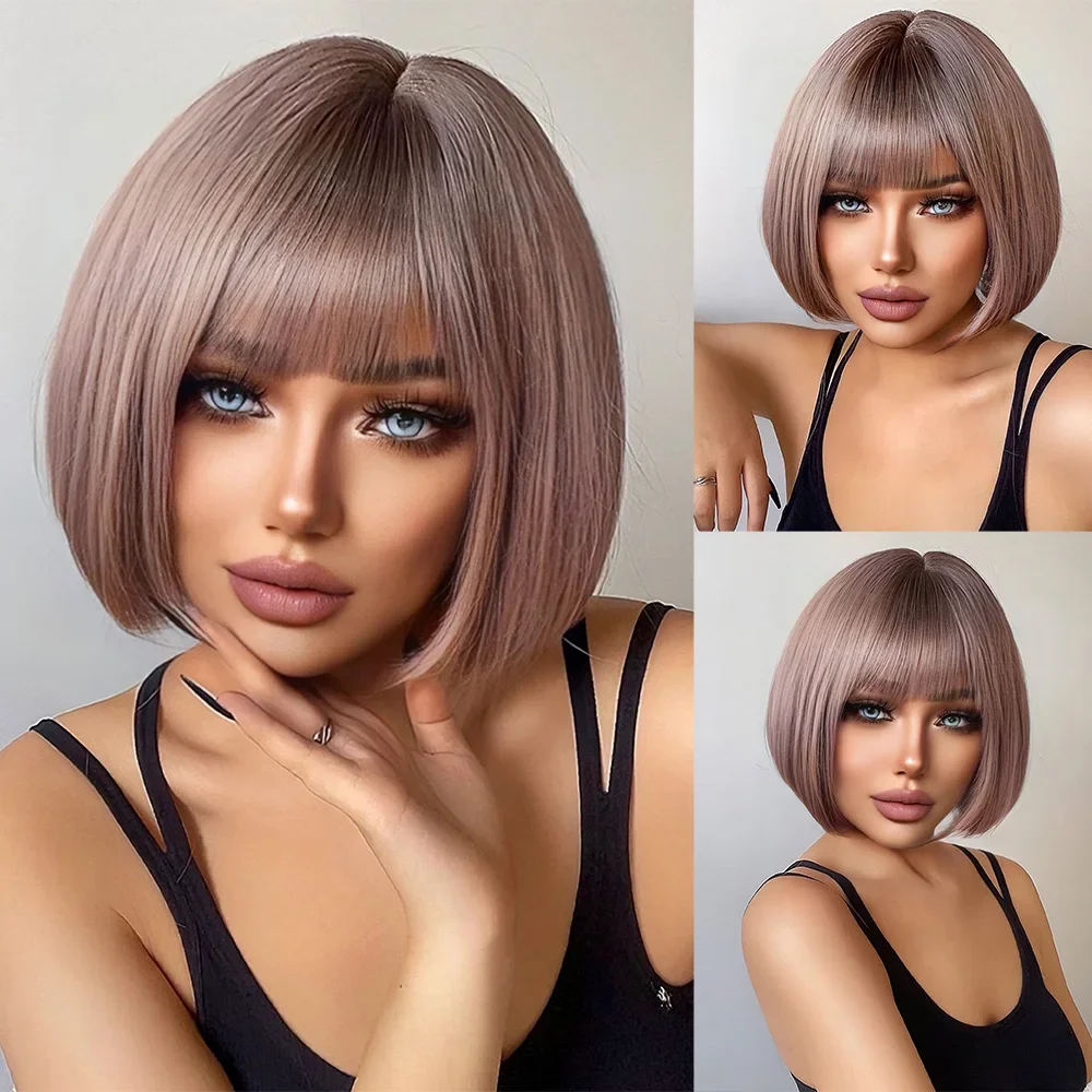 12Inch Ashy Lilac Color Synthetic Wigs With Bang Short Natural Straight Hair Wig For Women Daily Use Cosplay Heat Resistant