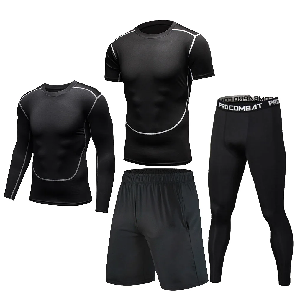 Men's Sports Fitness Comfort Jacket Set Running Training Rash Protection Fitness Four-Piece Set Breathable Fast Drying Light