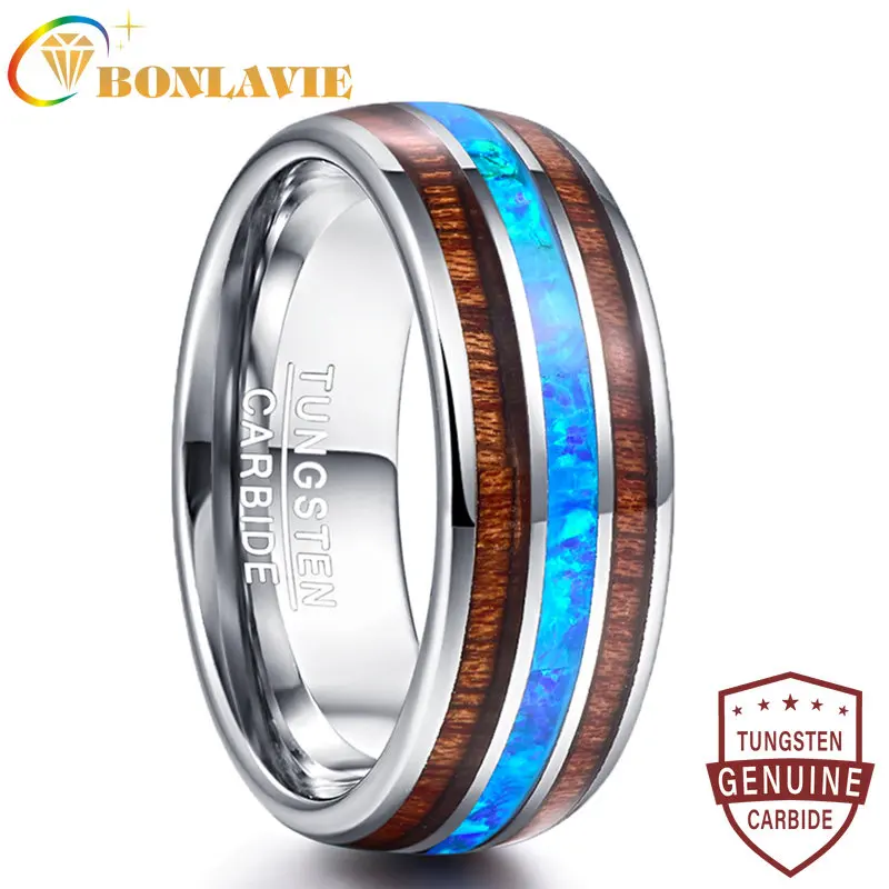 

BONLAVIE 8mm 100% Tungsten Carbide Opal Rings Elegant Male Dome Acacia Koa Wood Rings for Men Wedding Bands Jewelry Lovers Gift