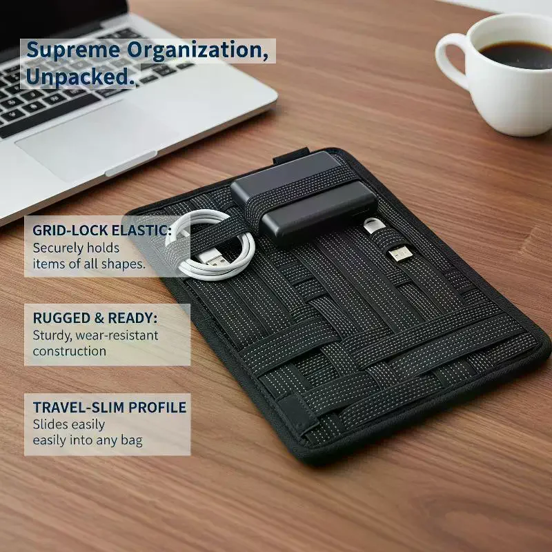 Portable Elastic Band Organizer Board: Zipper Pocket Multiple Stretch Straps Hanging Travel Insert Cables/Cosmetics