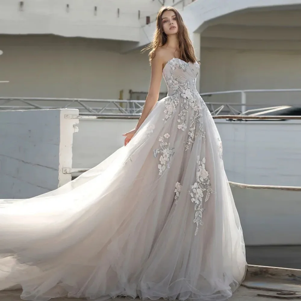 Gaun pengantin wanita elegan Vestidos de novia 2024 gaun pernikahan bunga applique A-Line gaun pengantin Tulle Panjang menyentuh lantai gaun pesta pernikahan