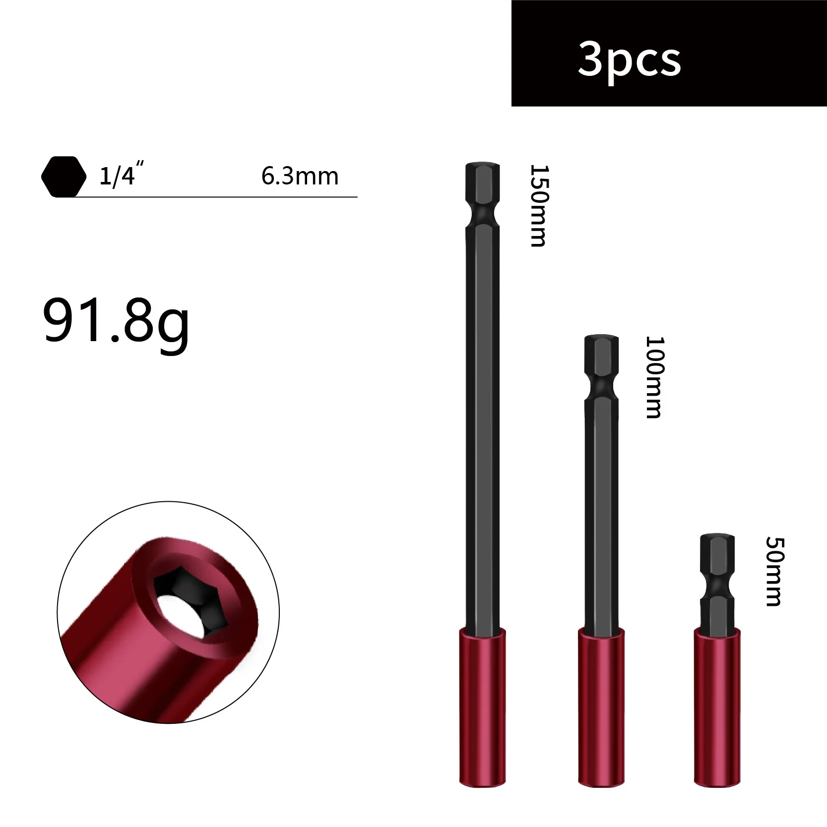 3PCS 50-300mm Magnetic Hex Shank Extension Rods Drill Bits with Quick Release for Screwdriver Bit Holder and Power Tools
