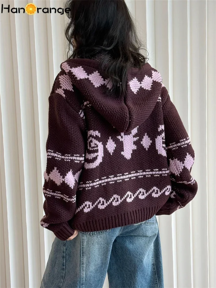 HanOrange 2024 Winter Retro Lazy Rose Deer Hooded Sweater Women Knitted Cardigan Soft Glutinous Wool Top Grey/Dark Coffee