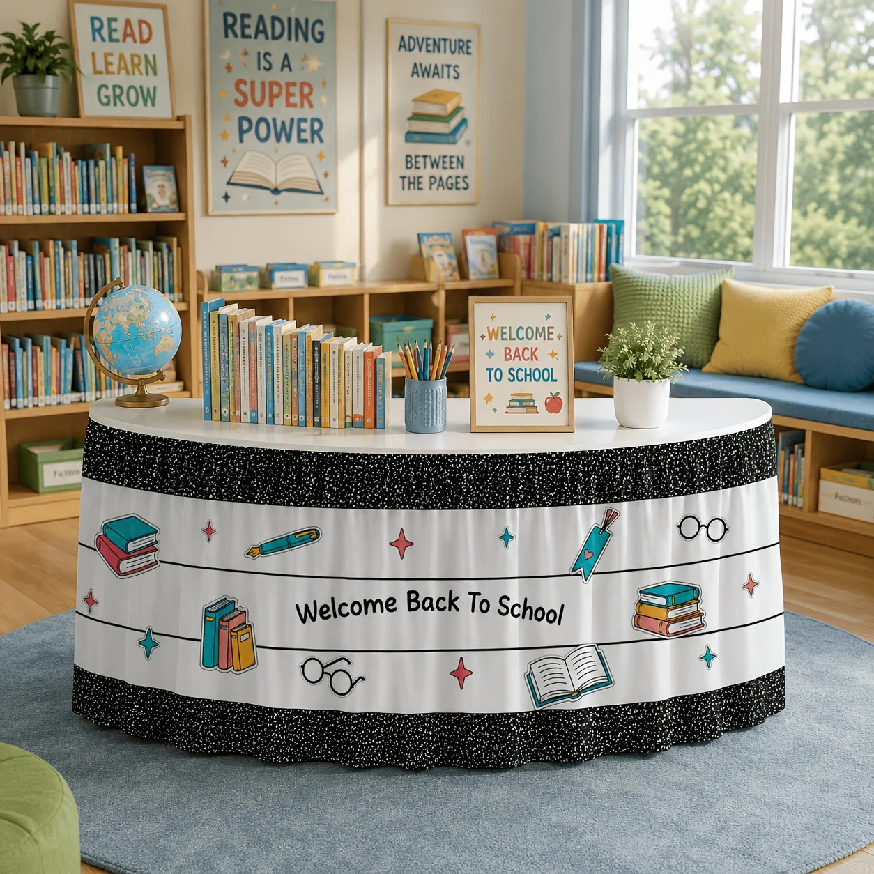 Table flag table skirt 1 piece, welcome back to school, colored book pen glasses star glitter border printing decoration