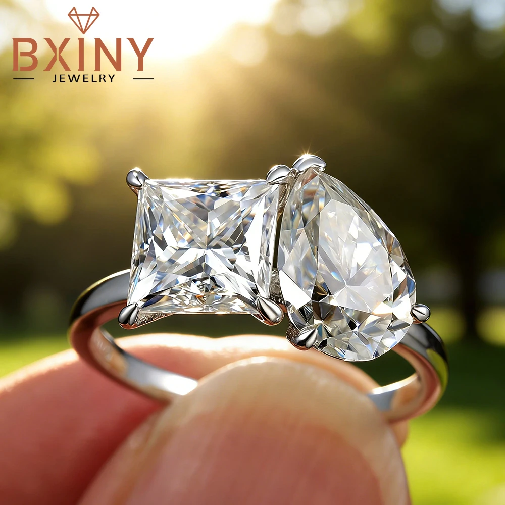 BXINY 2-Stone Moissanite Ring 925 Sterling Silver Princess&Pear Cut Diamond Wedding Band for Women Fine Jewelry With Certificate