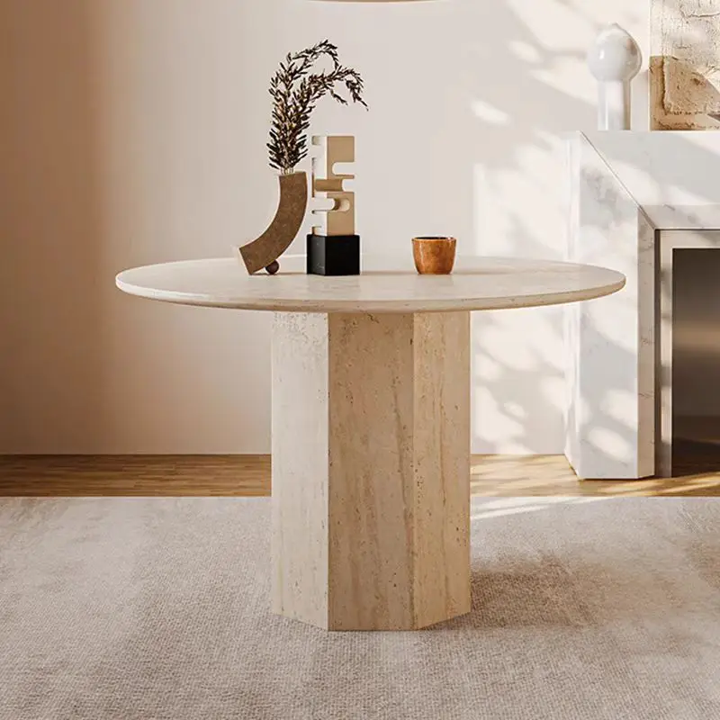 

Natural travertine round dining table marble small apartment household Nordic designer art dining table dining table