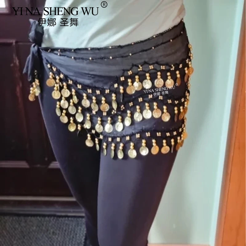 Ceinture de danse du ventre en tissu mousseline de soie, 128 pièces de monnaie à trois couches, chaîne de taille pour femmes adultes, accessoires de spectacle de danse, écharpe de hanche