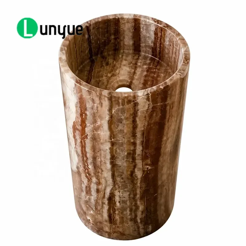 Custom Brown Marble Column Sink Natural Stone Freestanding Washbasin Luxury Bathroom Pedestal Basin Wholesale Home Decor