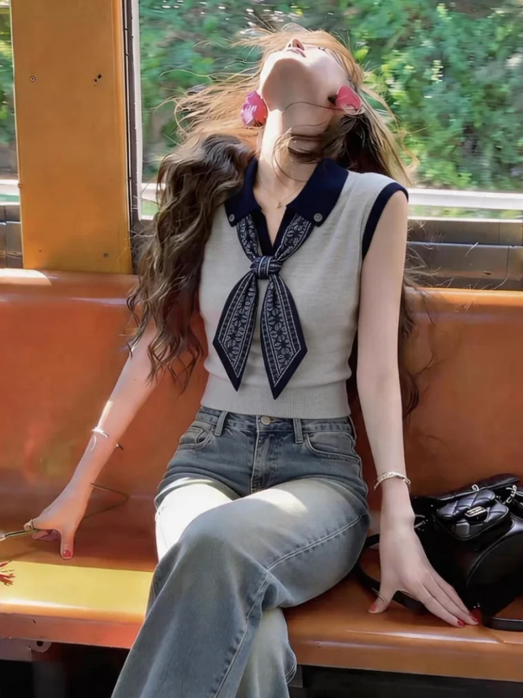 

Retro Color Block Silk Scarf Knot Neck Knitwear Women's Summer New Style Sleeveless Top Self-Keeping Style Commute Korea...