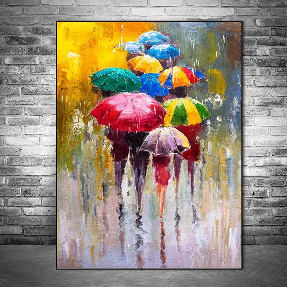 Colorful Umbrella Canvas Painting Crowds Women in Rain Graffiti Street Art Posters and Prints Abstract Living Room Home Decor