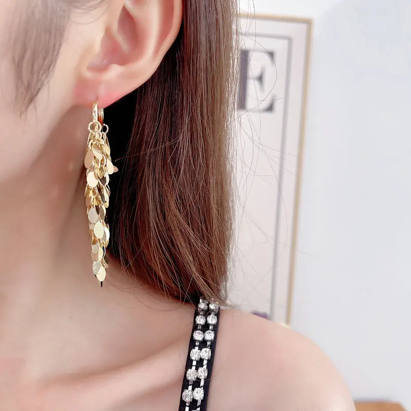 FXLRY Creative Design Exaggerated Long Metallic Sequin Tassel Earrings For Women Wedding Jewelry