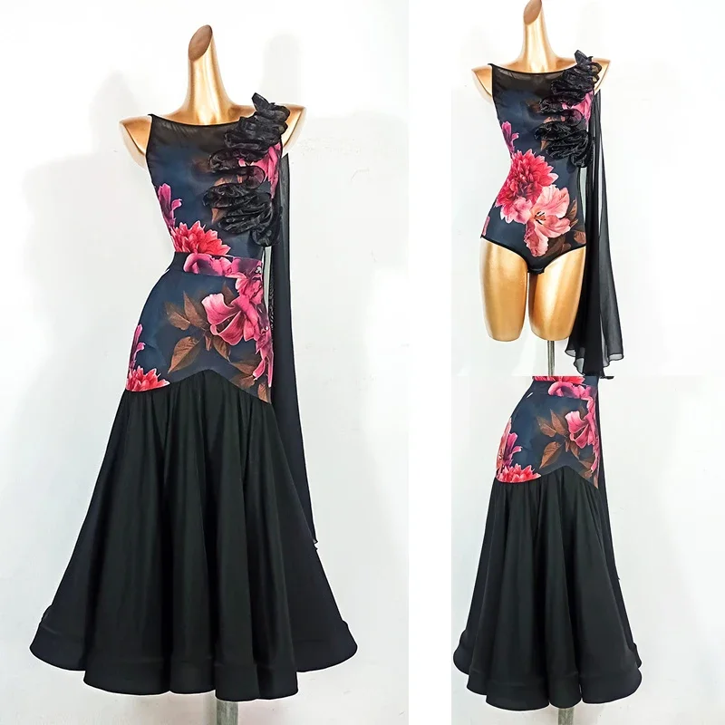 Mulheres sem mangas bodysuit balanço saia terno valsa dança moderna desempenho vestido de dança de salão roupas competição