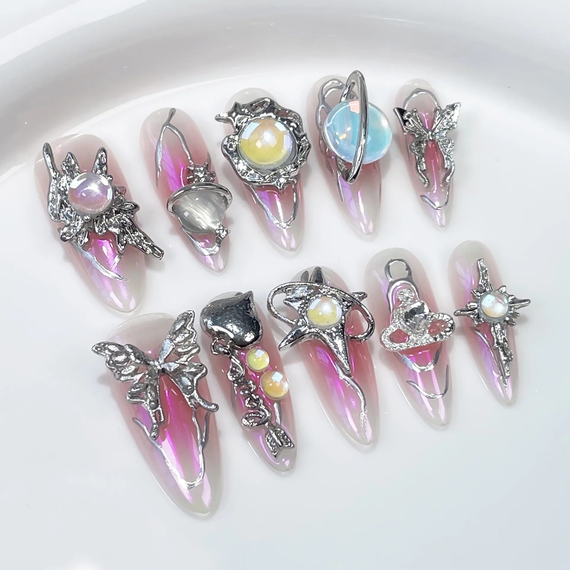 Holographic Press On Nails Metallic 3D Charms Galaxy Theme Smooth Edges Multi Sizes XS S M L Gel Glue Kit