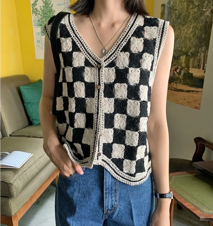 متقلب الكروشيه سترة للنساء مفتوحة متماسكة زر متابعة جاكيت بلا إكمام أعلى محبوك صدرية في سن المراهقة فتاة عطلة الزي #5