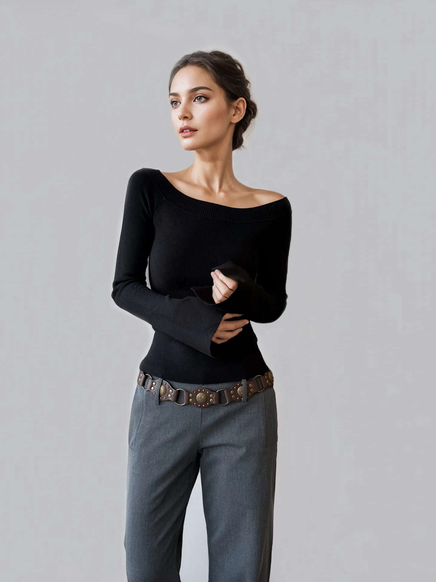 

ANGJIA Bla Long Sve Knitted Sweater Women's One oulder Flng Sve Top Spring New Arrival Slim Fit Commute Sle K...