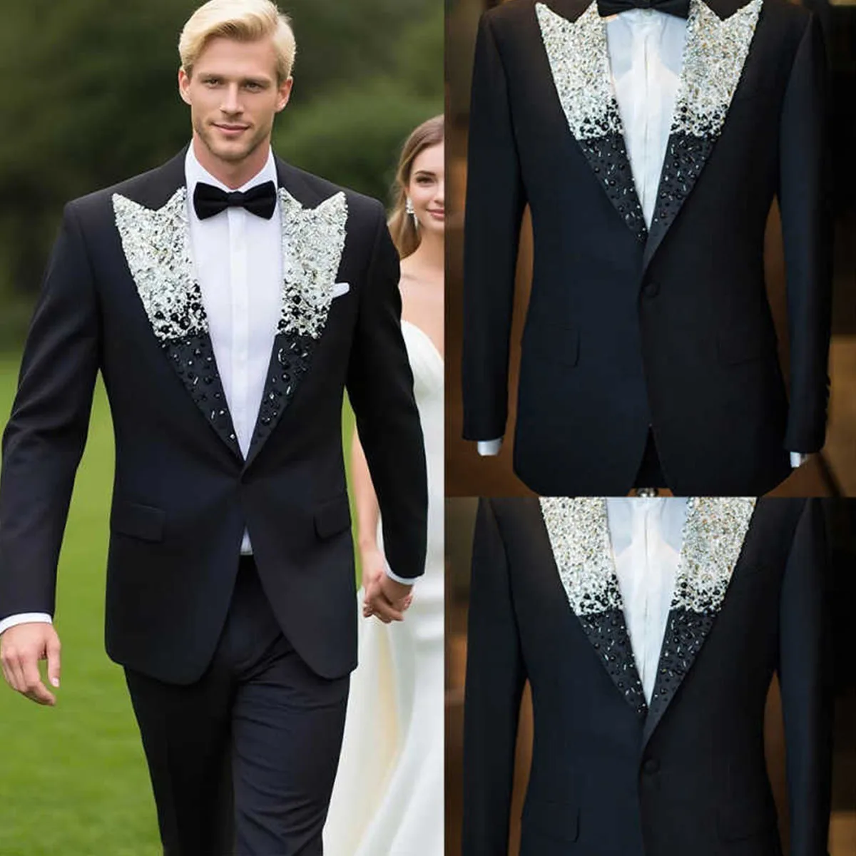 

Customized Fashion Beaded Crystals Men Suits 2 Pieces Set Groom Wedding Tuxedos Shawl Lapel Male Luxury Prom Blazers ropa hombre