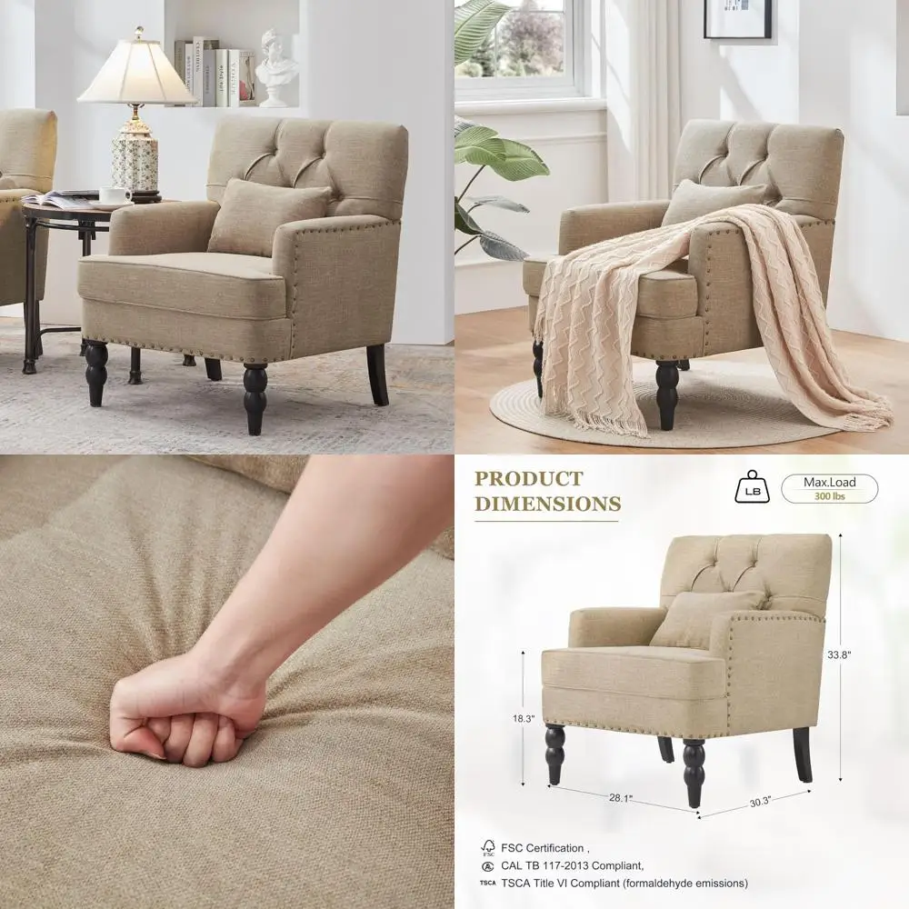 

Клубный стул с льняной обивкой и пуговицами с поясничной подушкой, акцентное кресло для спальни, гостиной