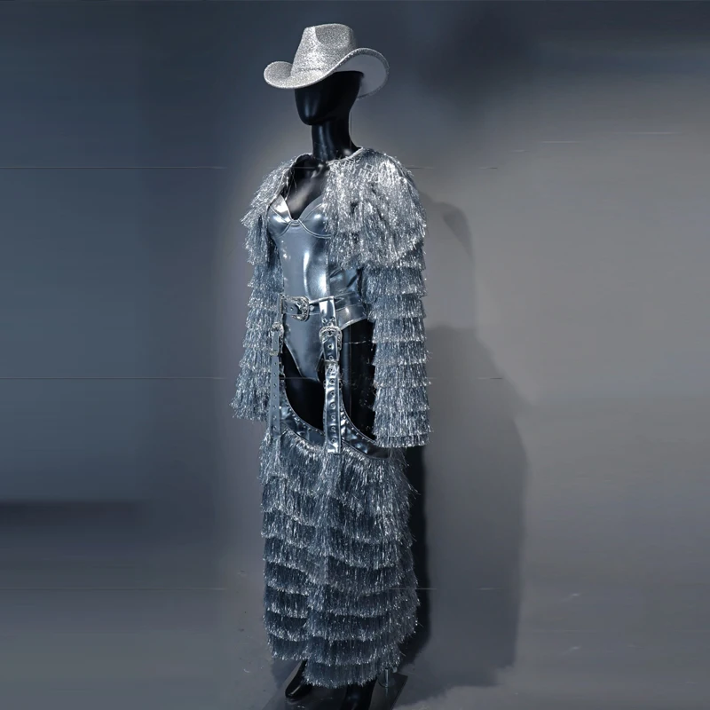 Bar Nightclub DJ DS Pole Dance Outfit Silver Laser Bodysuit Fringed Coat Legs Cover Women Gogo Costumes Stage Rave Wear XS10537