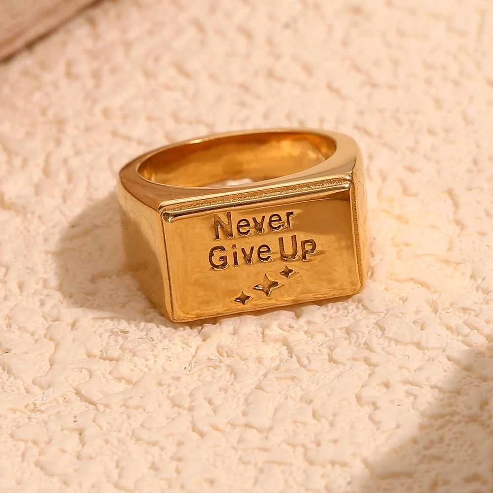 E.B.belle Never Give UP Gold Color Ring Stainless Steel 18K Gold Ring Square Ring Waterproof For Women Girls Hypoallergenic