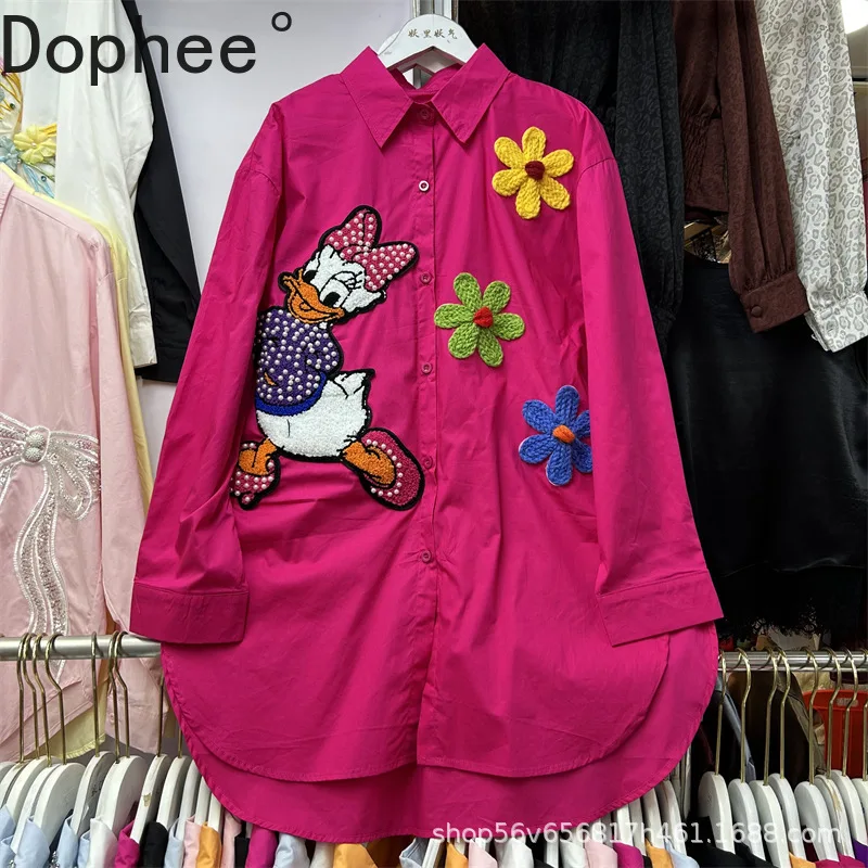 

Fashion 2025 New Autumn Loose Women Blouses Beads Cartoon Embroidery Mid-long Cardigans Top Long Sleeve Cute Students Shirts