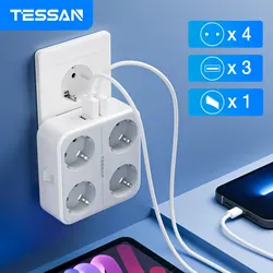 Przedłużacz gniazdo ścienne USB TESSAN z 4 gniazdami AC + 3 portami USB 5V 2.4A Adapter 7-w-1 włącznik/wyłącznik do domowego biura