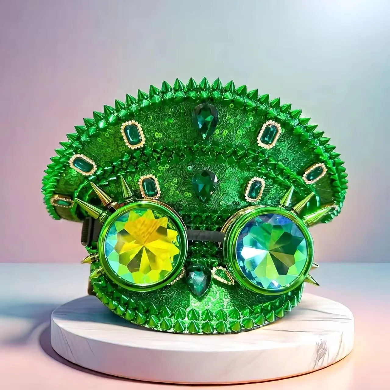 

Green Steampunk Captain Hat Rhinestone with Goggles for Burning Man Festival Woman, Military Accessories & Cap for Man