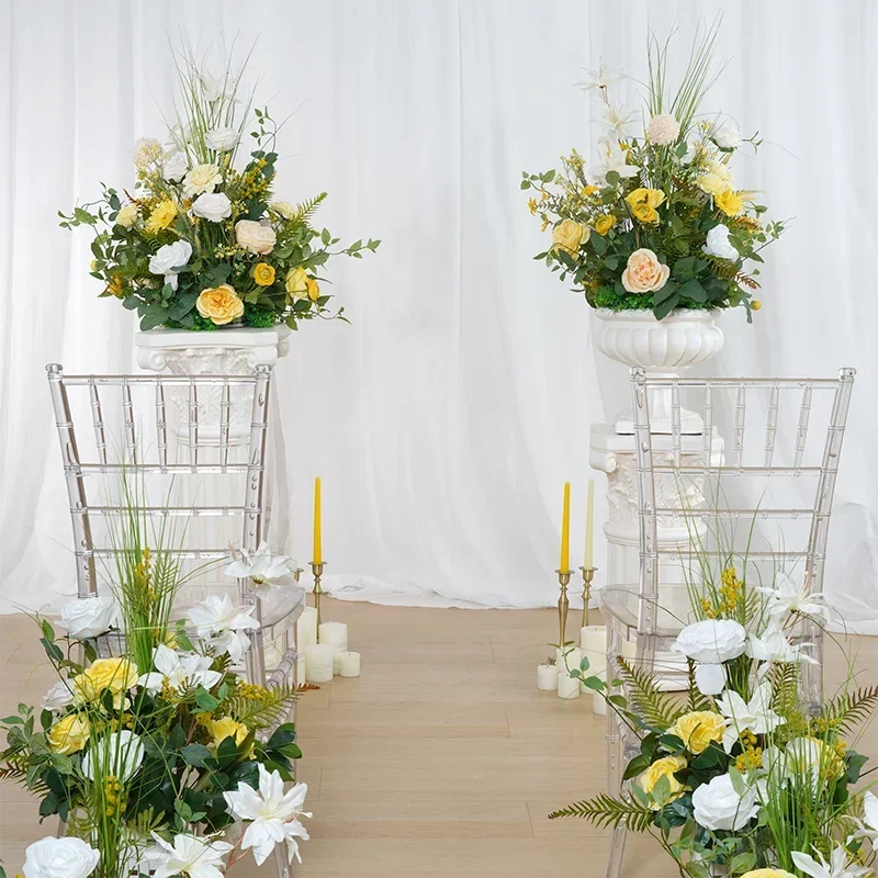 Yellow and White with Green Plants Artificial Flower Ball Wedding Decoration Table Centerpiece Flower Decoration Event Props