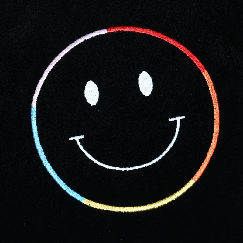 Children boy and girls long sleeve black set top and pant round neck 2pcs set teen casual black velour pajamas smile embroidery - Image 3