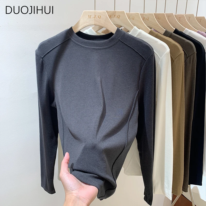 DUOJIHUI Dark Grey Basic Long Sleeve Loose Women T-shirts Autumn Classic O-neck Simple Casual Pure Color Fashion Female T-shirts