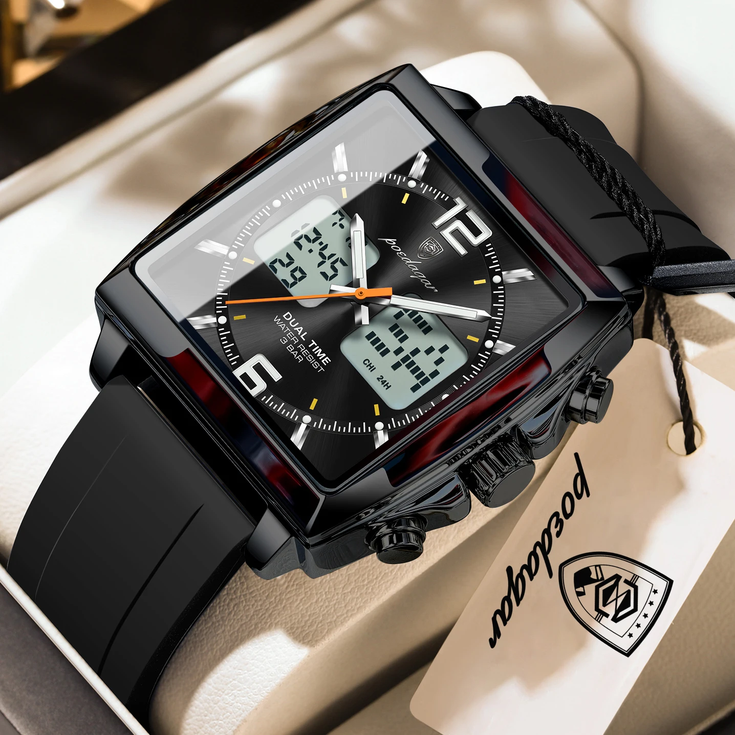 POEDAGAR Lovers Watch Electronic Square LED Alarm Chronograph Men's Watches Week Date Dual Time Display Men Quartz Wristwatches