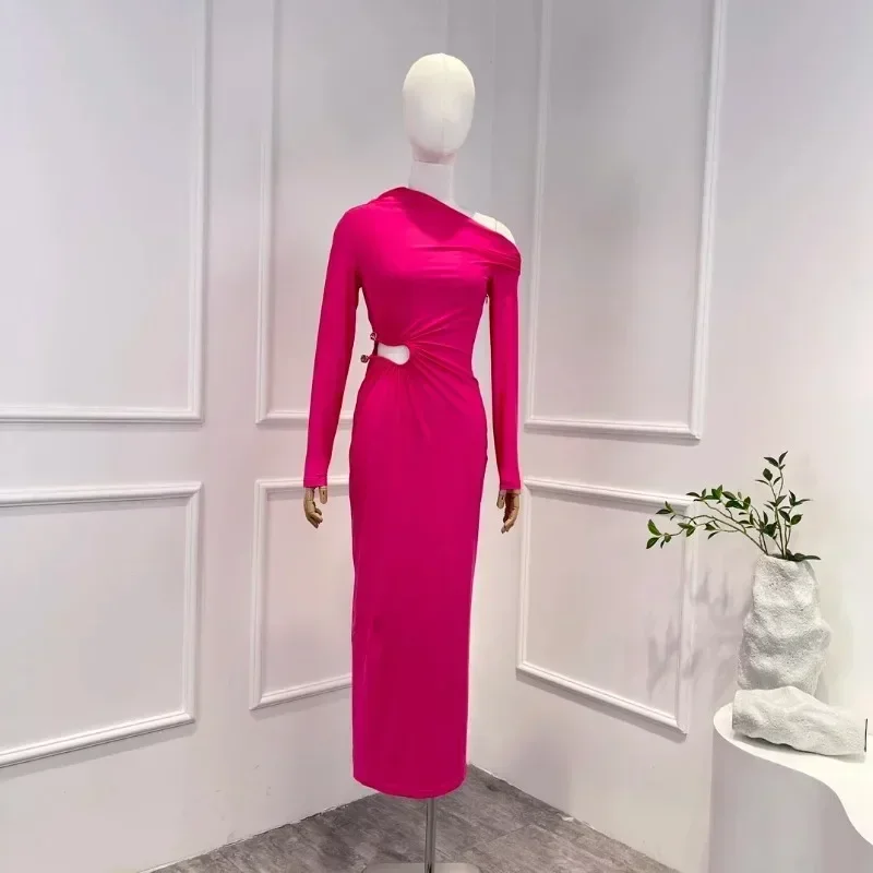 Rose Red Cut Out Waist One Shoulder Long Dress for Party 2024 New Arrival Full Sleeve Elegant Woman Clothes