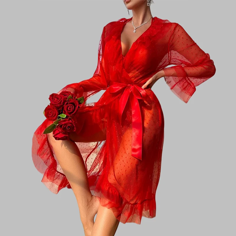 

Women's Pajamas and Robes Polka Dot Tulle Nightgowns Beautiful Ruffles Long Sleeve Sleepwear 3 Pieces Home Clothes Boudoir Robe