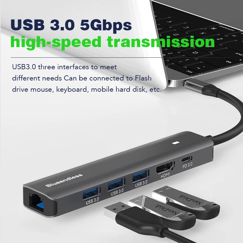 محطة لرسو السفن متعددة الصناديق من الألومنيوم ، 4K30Hz ، محول من النوع C ، USB ، 5 جيجابايت في الثانية ، 6 في 1 منافذ ، شاحن PD W للكمبيوتر المحمول ، ماك بوك