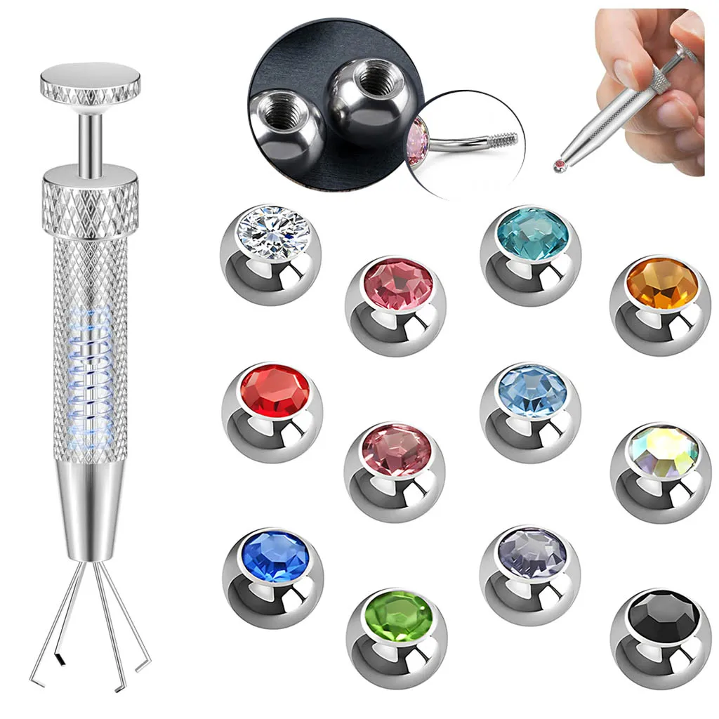12PCS Stainless Steel Mixed Color CZ Replacement Balls DIY Accessories with Ball Grabber Tool for Piercing Jewelry