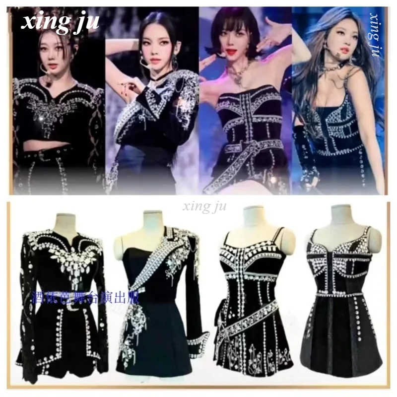 Kpop Korean Singer Sexy Off-Shoulder Shiny Dress Crop Tops Women Concert Jazz Dance Clothing Jazz Dancer Outfits Stage Costume