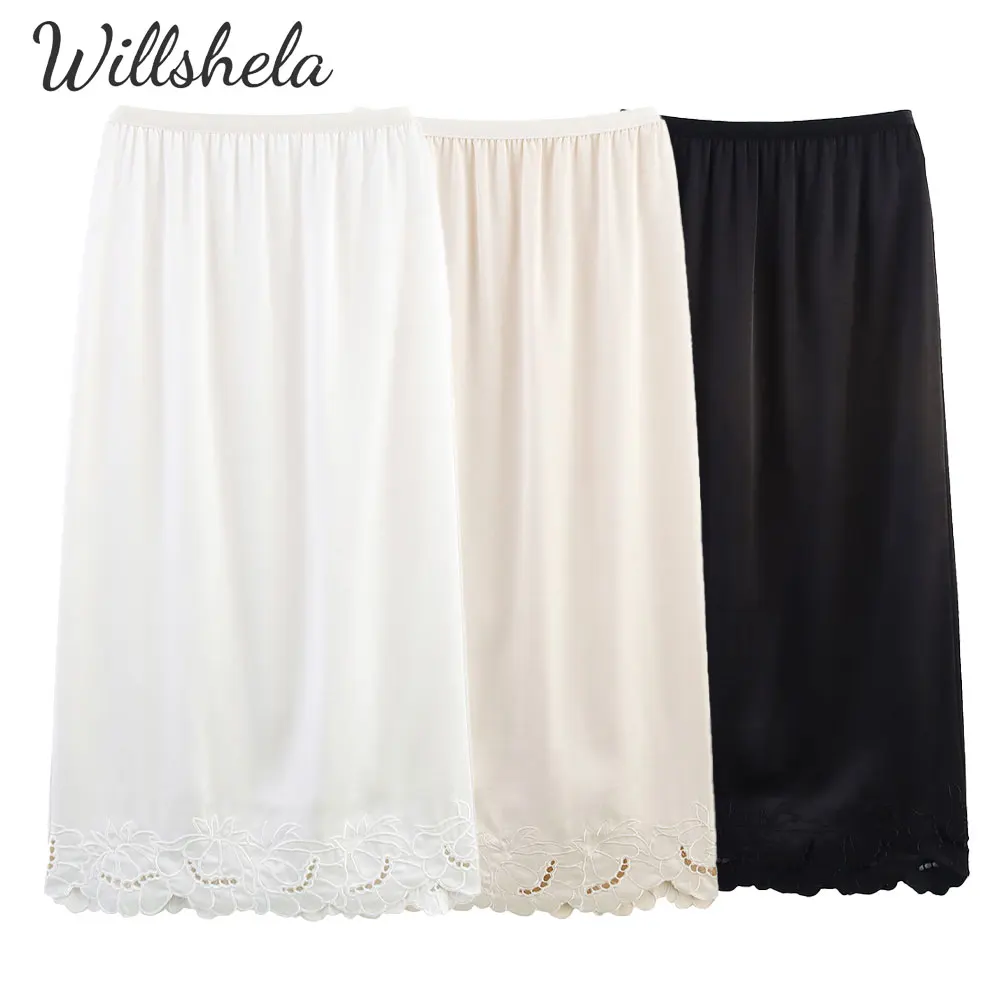 

Willshela Women Fashion Satin Pencil Midi Skirt Back Slit Embroidery Hem Elastic Waist Female Chic Lady Casual Long Skirt