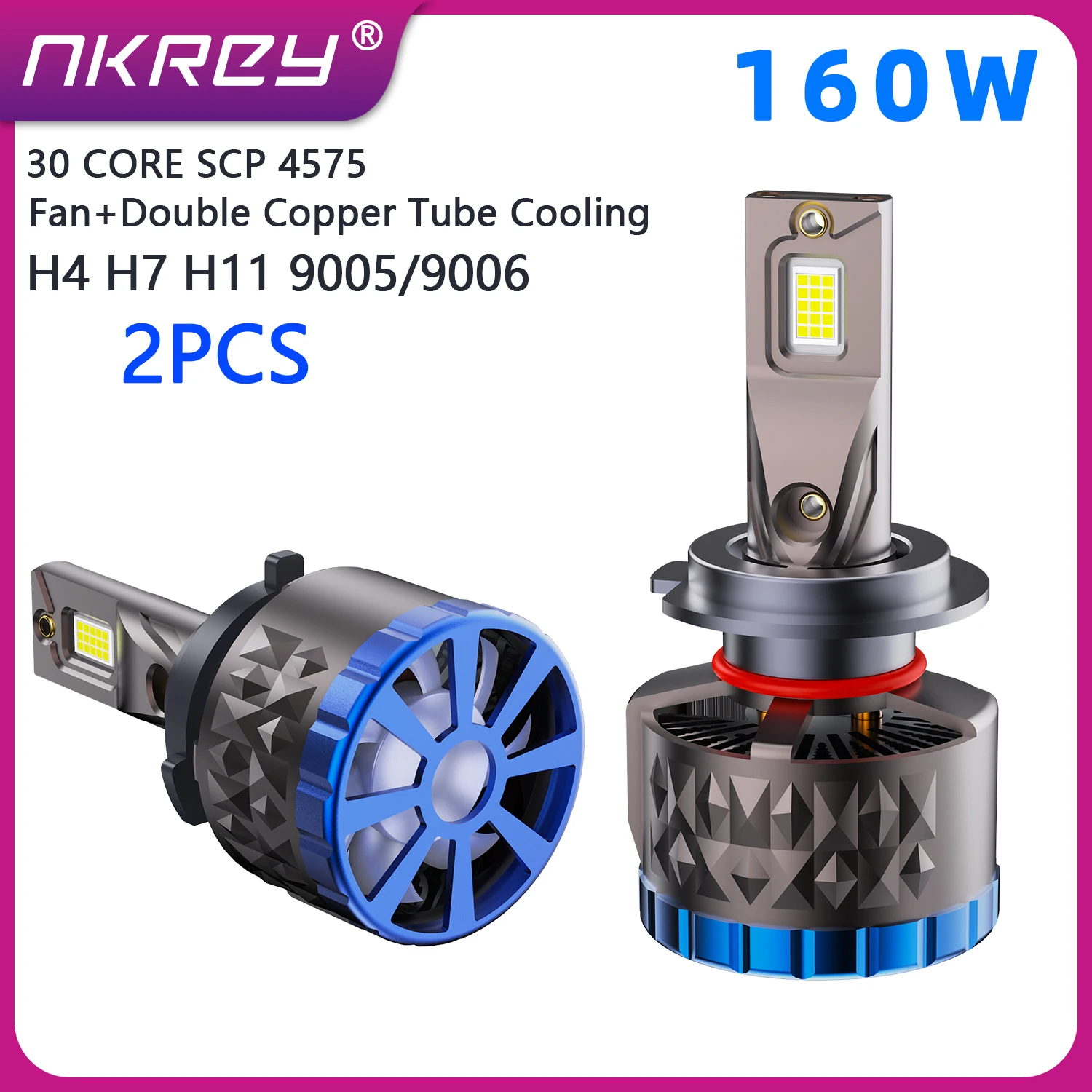 

NKREY 160W High Power LED Car Headlight Bulbs H7 H11 H4 9005 9006 with Fan 12V Dual Beam Car Lights 2 Pcs Set