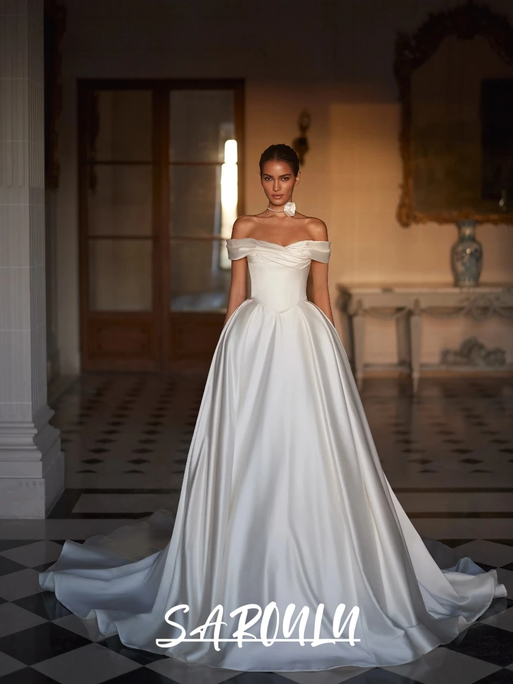 

Off-the-shoulder Satin Wedding Dress, Classy Women Ball Gown, Court Train, Customized Modern Classic Bride Wear, High Quality