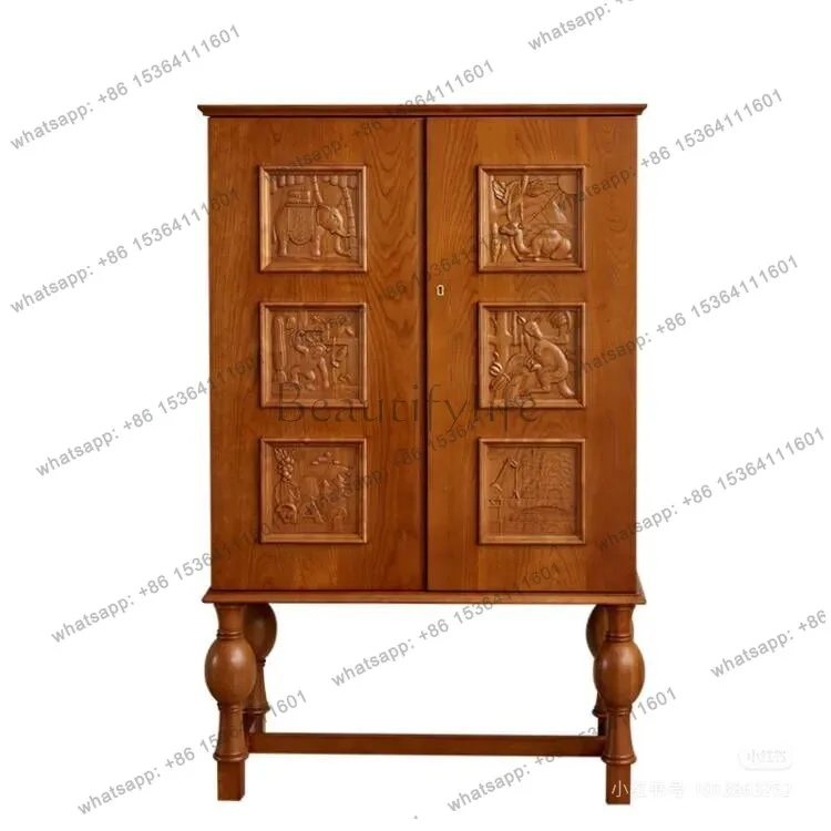 Medieval style solid wood carved walnut sideboard French classical wall storage cabinet