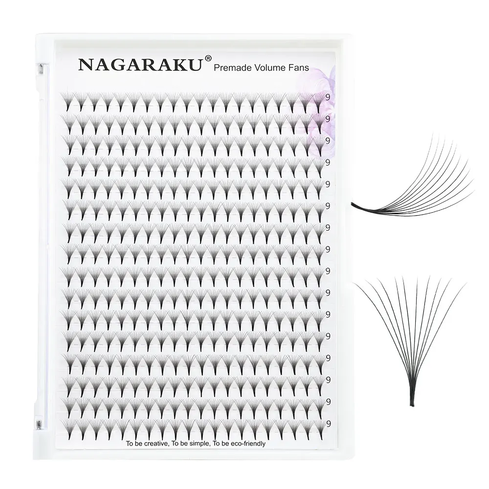 NAGARAKU Premade Fans Eyelash Extensions 16 lineThin Pointy Base 10D 5D Volume Sharp Narrow Stem 9-14mm Mix Clusters Russian