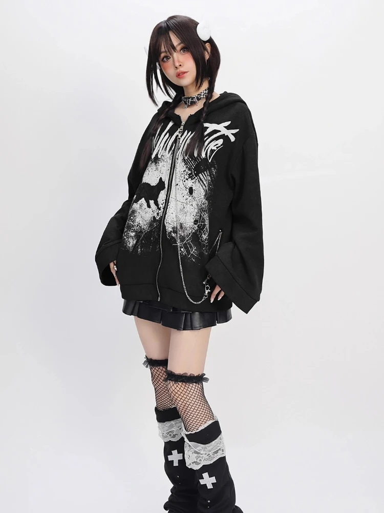 Original Japanese Style Sweet Cool Girl Y2K Hoodies Tops Loose Hooded Sweet Cool Zipper Fleeced Sweatshirts Jacket Women Autumn